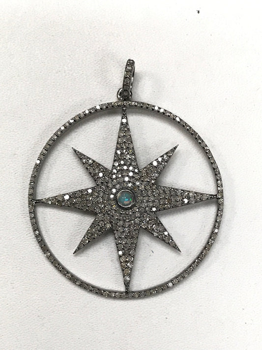 Star Burst Within A Circle Diamond Pendant .925 Oxidized Sterling Silver Diamond Pendant, Genuine handmade pave diamond Pendant.