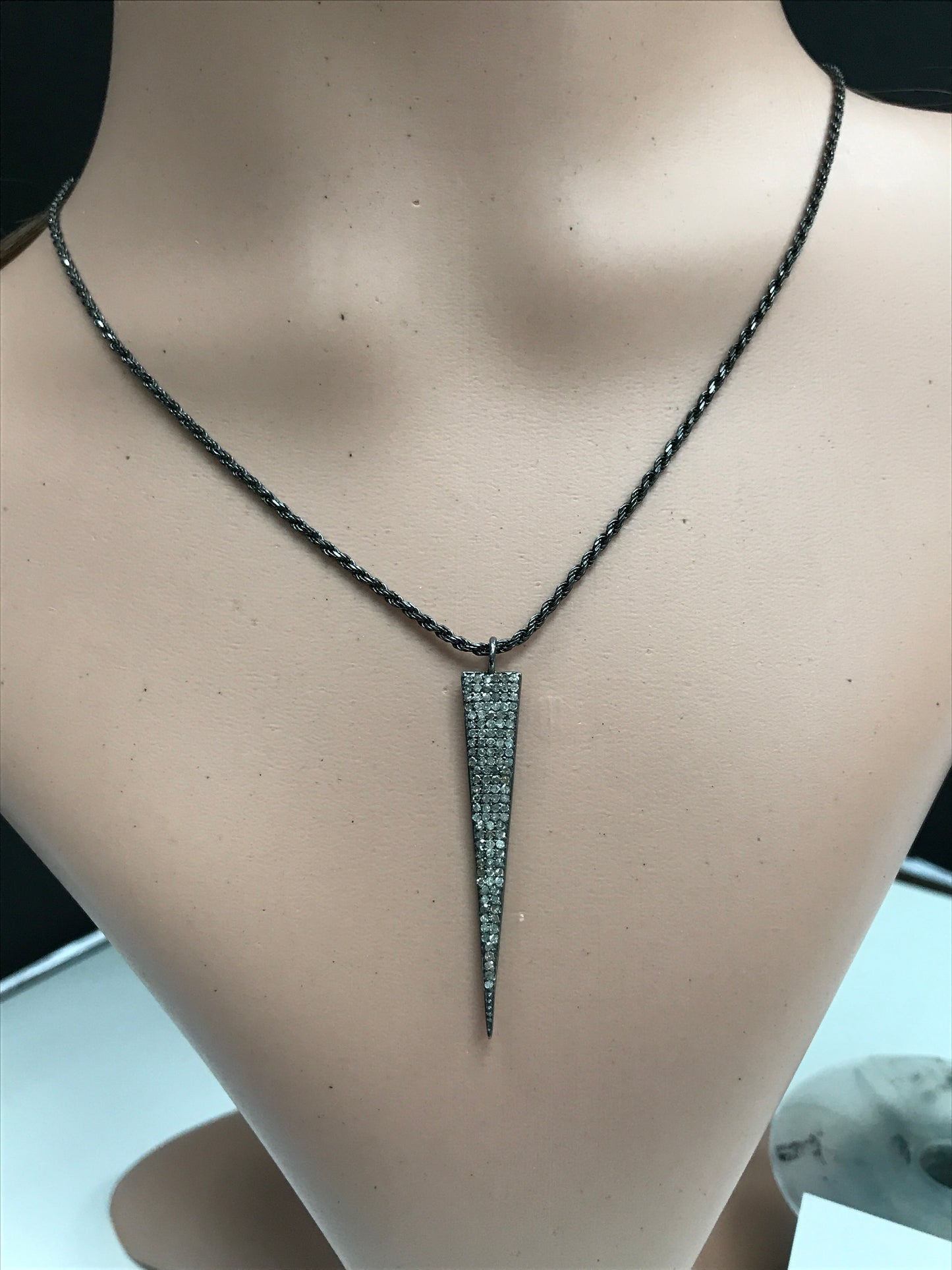 Diamond Spike Pendant, Pave Diamond Pendant,Pave Spike Necklace, Appx 46 x 8mm. Sterling Silver