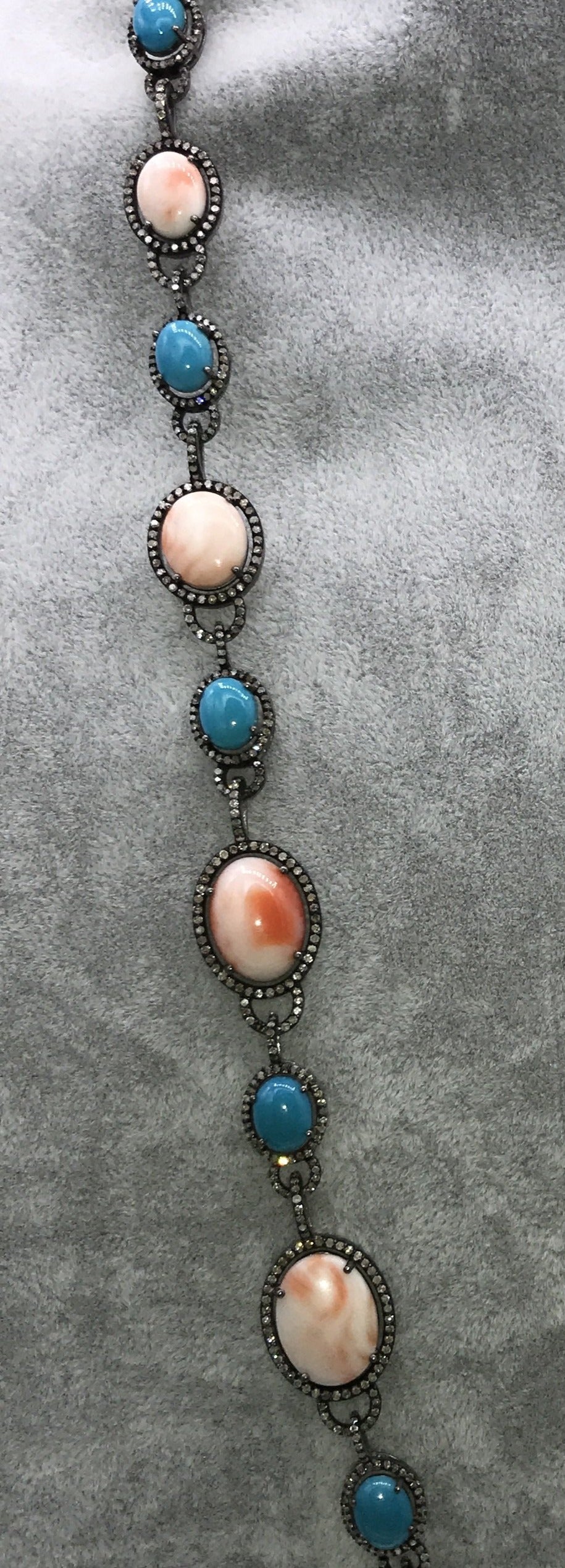 Pink Coral and Turquoise Natural Designer Necklace with Diamonds