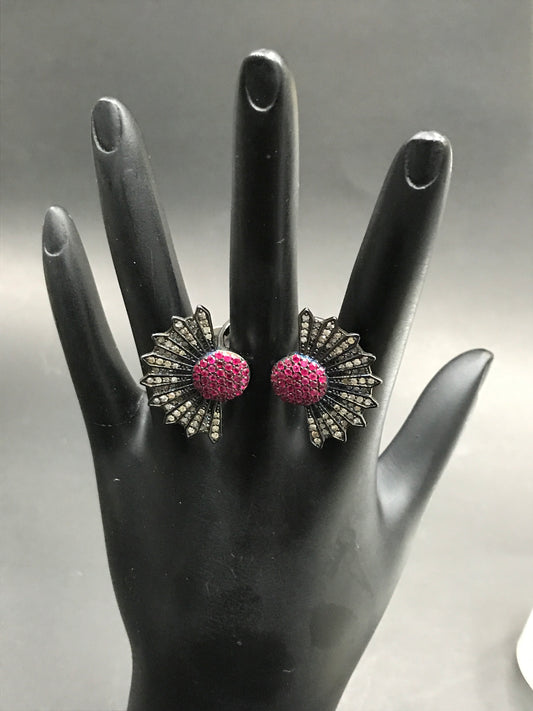 Diamond and Silver Ruby Black Rhodium Finish Ring