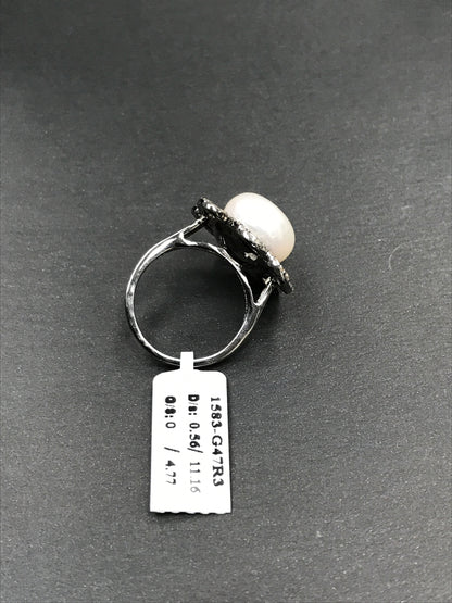 Diamond and Silver Pearl Black Rhodium Finish Rings