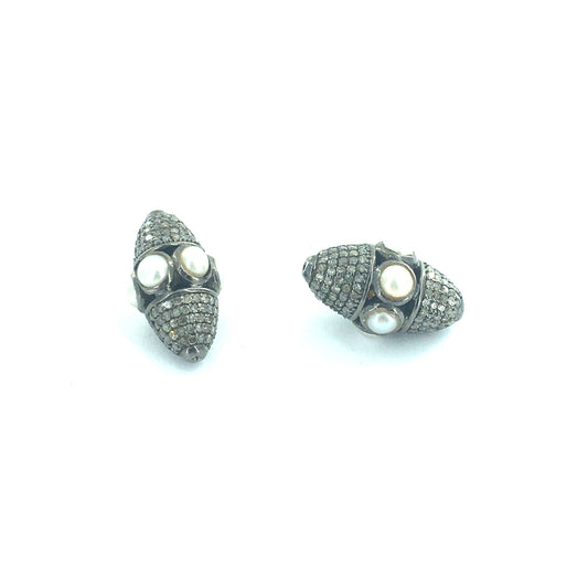 Roundel Diamond Bead .925 Oxidized Sterling Silver Diamond Beads, Genuine handmade pave diamond Beads Size Approx 0.88"(14 x 22 MM)