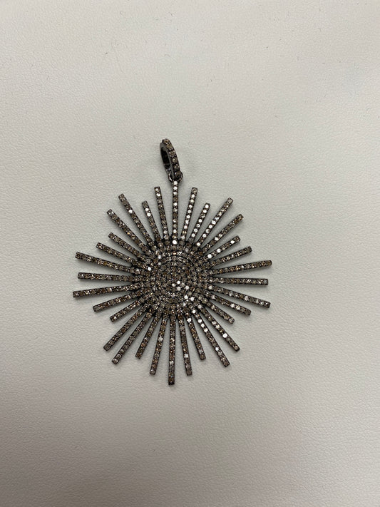 Sun Burst Diamond Pendant .925 Oxidized Sterling Silver Diamond Pendant,Genuine handmade pave diamond Pendant Size Approx 1.84"(46 x 36 MM)