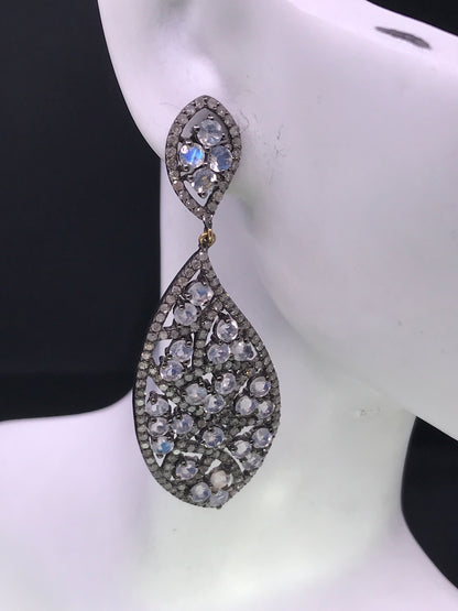 Diamond and Silver White Rainbow Moon Stone Black Rhodium Finish Earrings