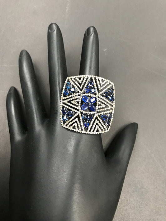 Square Diamond Ring with Sapphire Stone