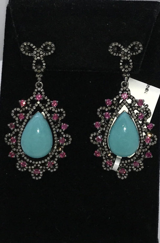 Turquoise Natural and Ruby Earring with Diamonds