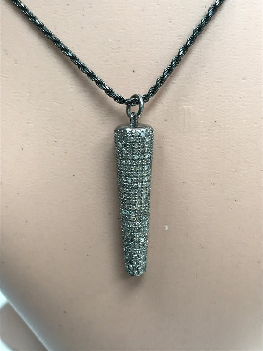 Tube Shape Diamond Pendant .925 Oxidized Sterling Silver Diamond Pendant, Genuine handmade pave diamond Pendant.