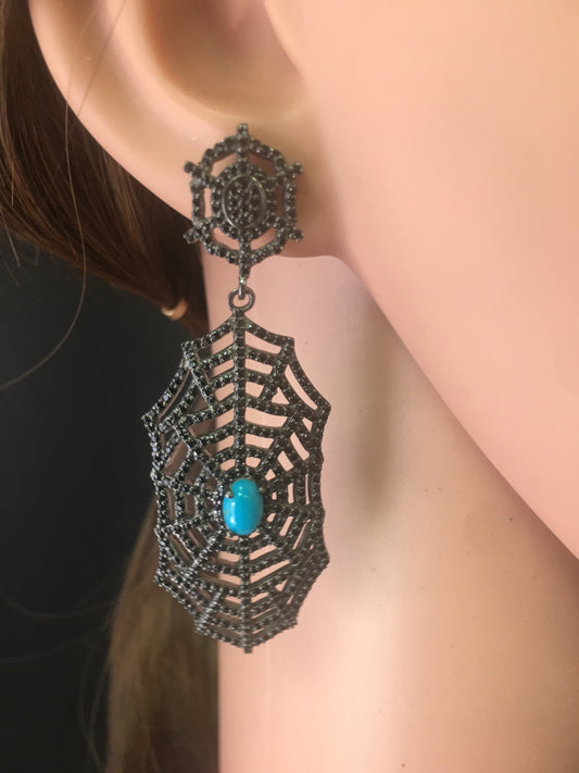 Spider Web Black Spinel And Turquise Silver Earring