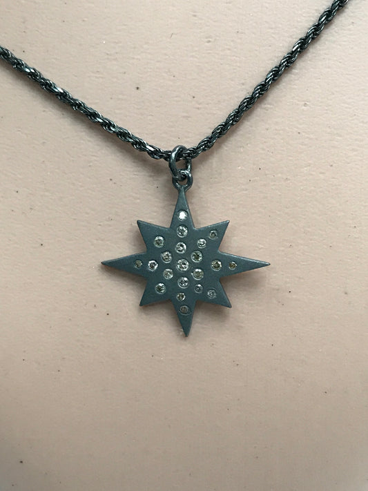 Star Shape Diamond Pendant .925 Oxidized Sterling Silver Diamond Pendant, Genuine handmade pave diamond Pendant.