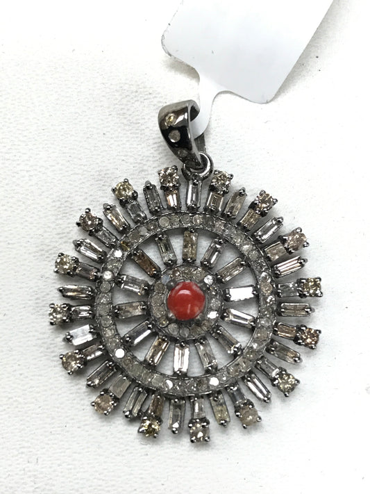 Sun Burst Diamond Pendants & Charms, Red Stone Middle