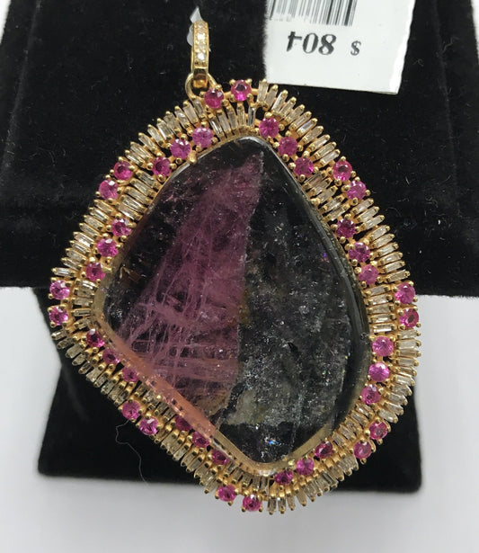 Tourmaline Watermelon and Diamond Pendant