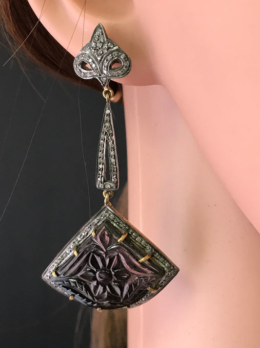 Diamond and Tourmaline Carved Earrings,