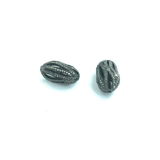 Long Nugget Diamond Bead.925 Oxidized Sterling Silver Diamond Beads, Genuine handmade pave diamond Beads Size Approx 0.88"(14 x 22 MM)