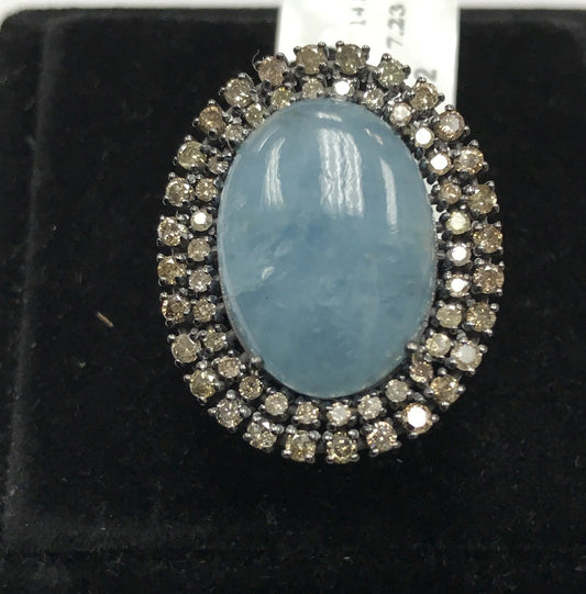 Oval Shape Aquamrine and Diamond Ring
