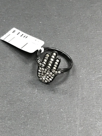 Hamsa Hand Diamond and Silver Black Rhodium Finish Ring