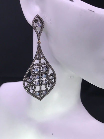 Diamond and Moon Stone Silver Black Rhodium Finish Earrings