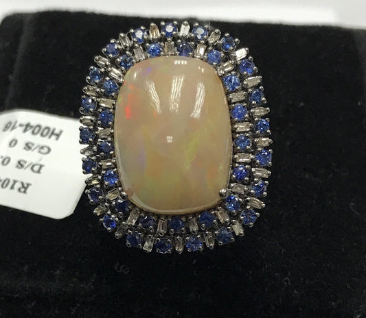 Opal and Diamond Ring with Blue Sapphire