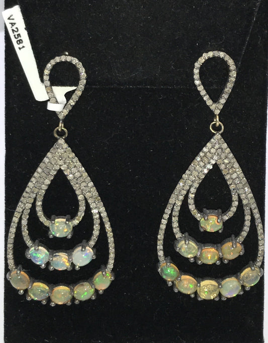 Tear Drop Shape Diamond and Opal Earring
