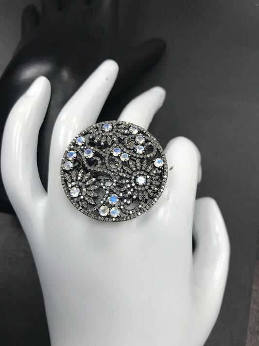 Daimond and Silver Rainbow Moonstone Rings
