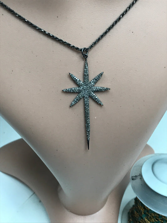 Pave Diamond Pendant, Pave Star Pendant, Diamond Star Spoke Charm, Pave Star Spoke Charm, Oxidized Silver,Approx 1''(14 x 26 mm)
