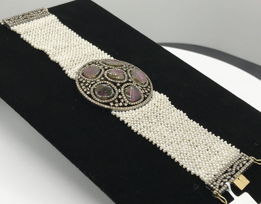 Multi Tourmaline and Diamond Pearl Woven Bracelet