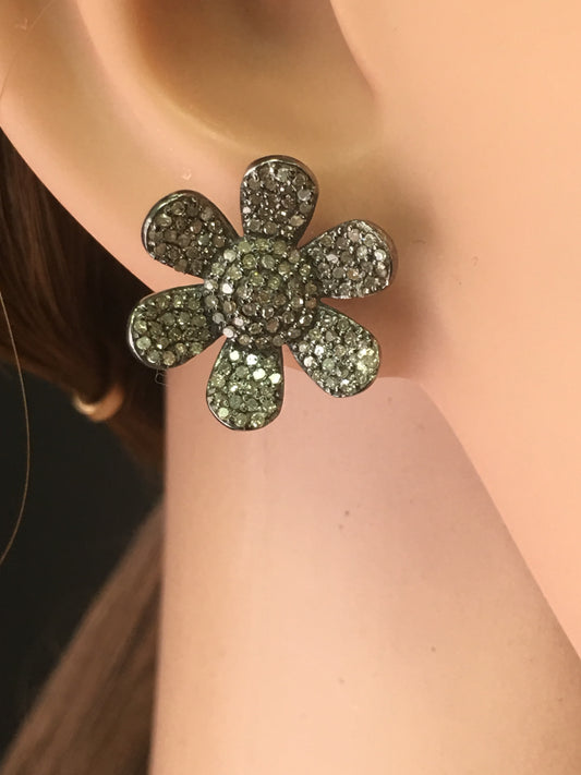 Flower Shape Silver Diamond Earring .925 Oxidized Sterling Silver Diamond Earring, Genuine handmade pave diamond Earring .