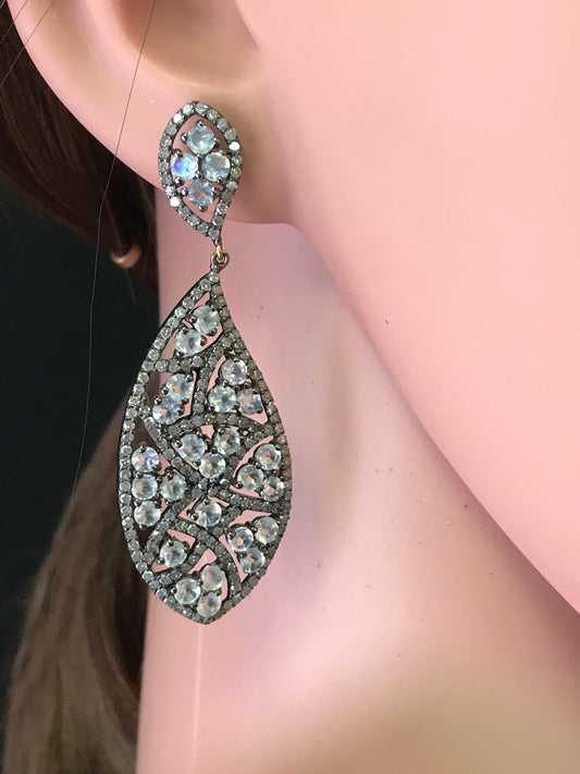 Diamond and Silver White Rainbow Moon Stone Black Rhodium Finish Earrings