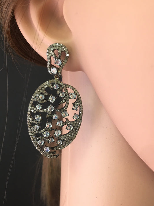 Diamond and Silver White Rainbow Moon Stone Black Rhodium Finish Earring