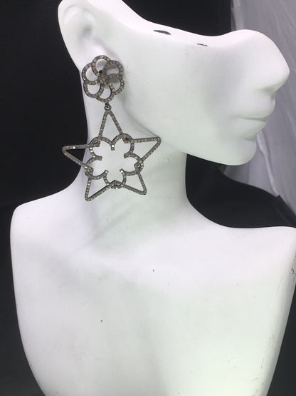 Star Diamond Earring .925 Oxidized Sterling Silver Diamond Earring, Genuine handmade pave diamond Earring Size 2.40"(39 x 60 MM )