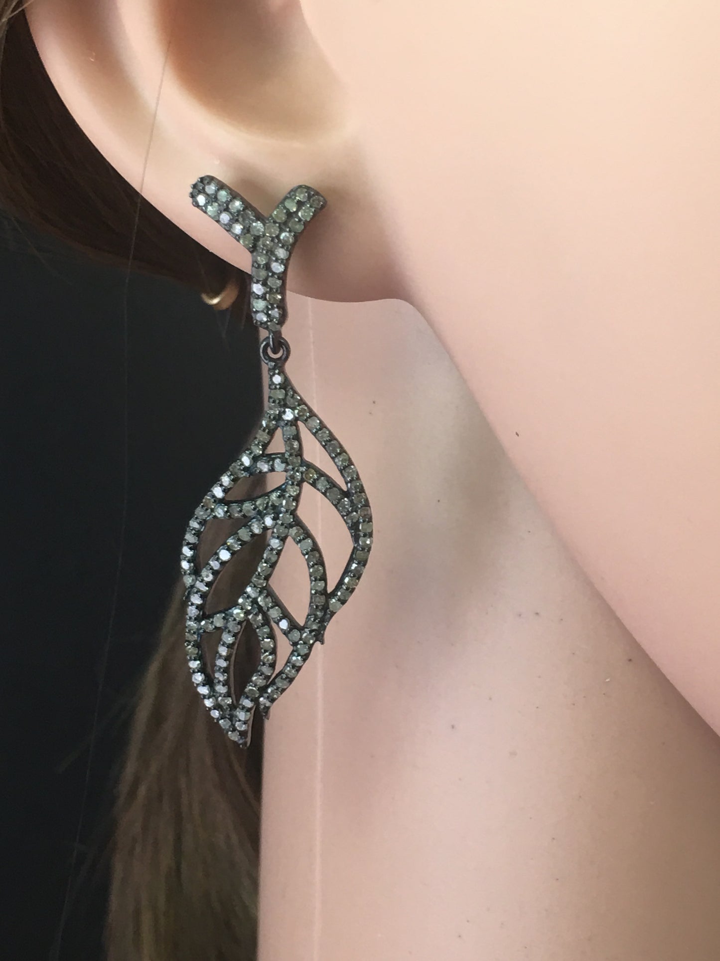 Feather Diamond Silver Earring .925 Oxidized Sterling Silver Diamond Earring, Genuine handmade pave diamond Earring Size 2.32"(18 x 58 MM )