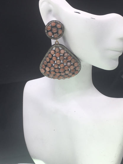Diamond And Peach Moonstone Earrings