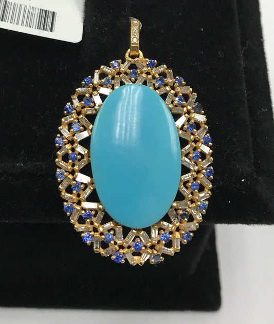 Turquoise and Diamond Pendant with Blue Sapphire