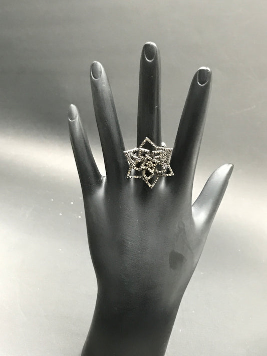 Diamond  Flower Diamond Ring, Pave Diamond Ring, Pave Flower  Ring, Approx 27 x 27mm. Sterling Silver