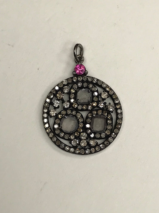 Round Shape Diamond Pendant .925 Oxidized Sterling Silver Diamond Pendant, Genuine handmade pave diamond Pendant.