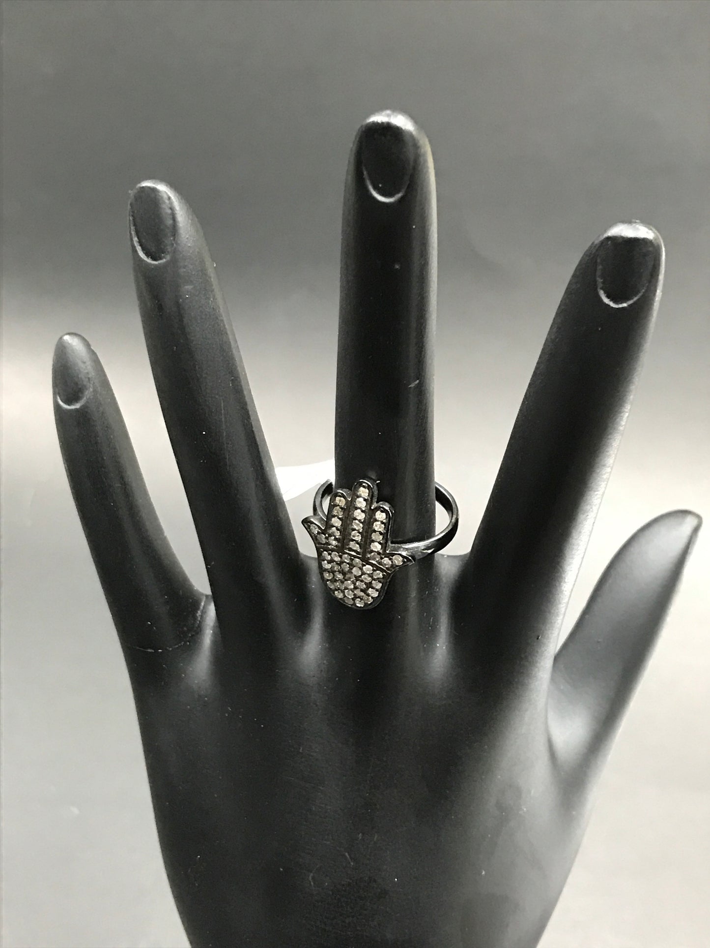 Hamsa Hand Diamond and Silver Black Rhodium Finish Ring