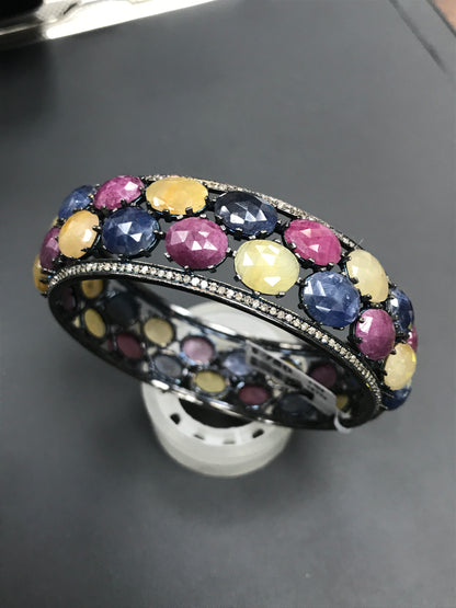 Diamond and Silver Multi-Sapphire Black Rhodium Finish Bracelets