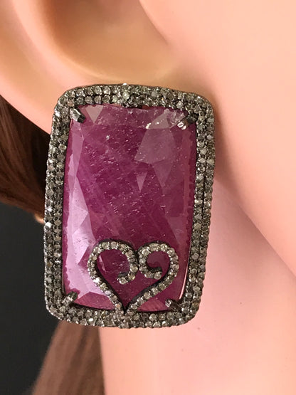 Natural Red Ruby and Diamond Stud Earrings