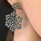 Diamond and Silver White Rainbow Moon Stone Black Rhodium Finish Earrings