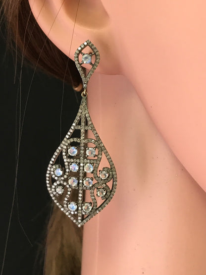 Diamond and Moon Stone Silver Black Rhodium Finish Earrings
