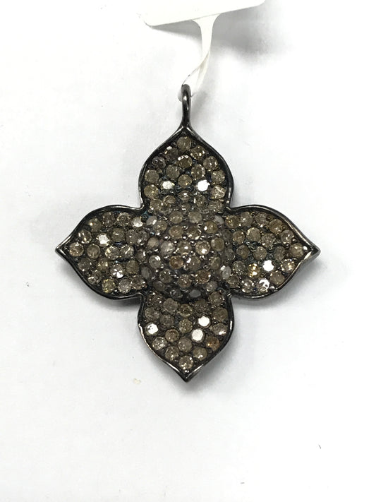 Lotus Leaves Diamond Charm .925 Oxidized Sterling Silver Diamond Charms, Genuine handmade pave diamond Charm Size 24 MM