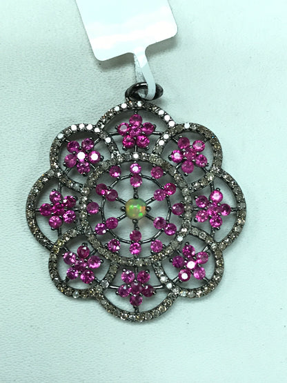 Flower Shape Diamond Pendant .925 Oxidized Sterling Silver Diamond Pendant, Genuine handmade pave diamond Pendant.