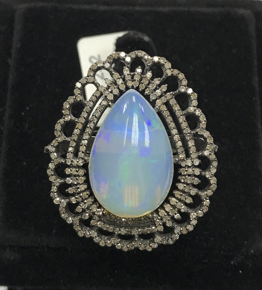 Tear Drop Shape Opal and Diamond Rinh