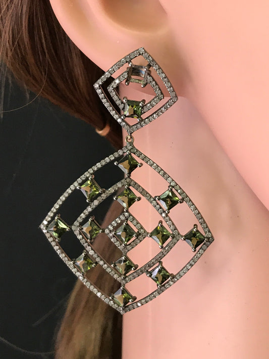 Diamond and Silver Multi Tourmaline Black Rhodium Finish Earrings