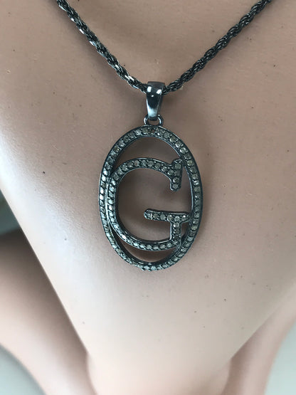 Diamond Letter G Pendant, Pave Diamond Pendant, Pave Letter G Necklace, Approx 40 x 13mm. Sterling Silver