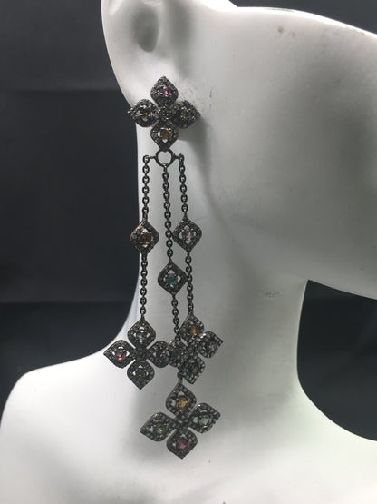 Diamond and Silver Multi Tourmaline Black Rhodium Finish Earring
