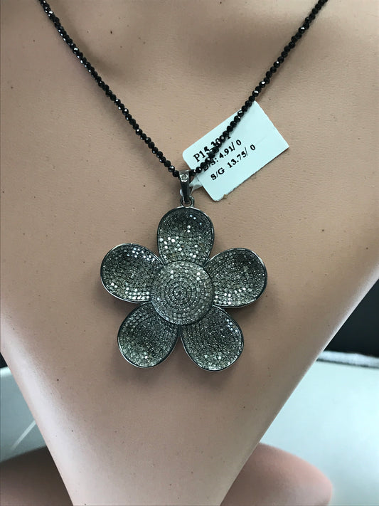 Pave Diamond Pendant, Pavé Flower Pendant, Diamond Flower Charm, Pave Flower Necklace, Approx 1.68''(42mm), Oxidized Silver