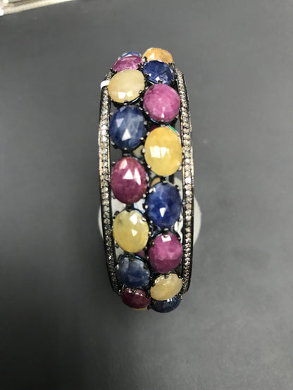 Diamond and Silver Multi-Sapphire Black Rhodium Finish Bracelets