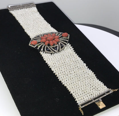Coral and diamond seeded pearl weaving bracelet