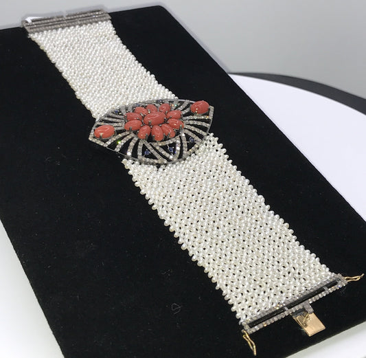 Coral and diamond seeded pearl weaving bracelet