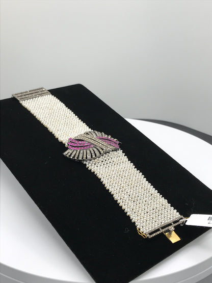 Designer Diamond and Ruby Bracelet over woven Pearls
